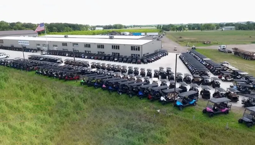 Aerial view of Winters Recreation dealership and golf cart inventory