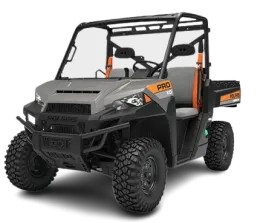 Gray utility vehicle with black roll cage