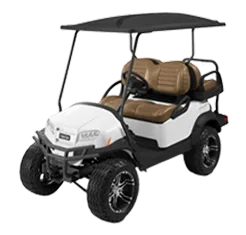 White Club Car golf cart with tan seats