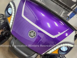 Close-up of a purple vehicle front with LED lights and a logo, showcasing a sleek design and modern features.
