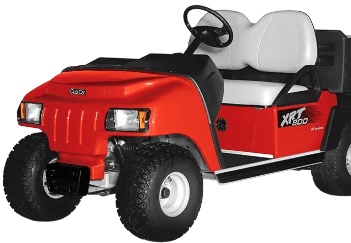 Red Club Car XRT 800 utility vehicle with white seats, front-side view.